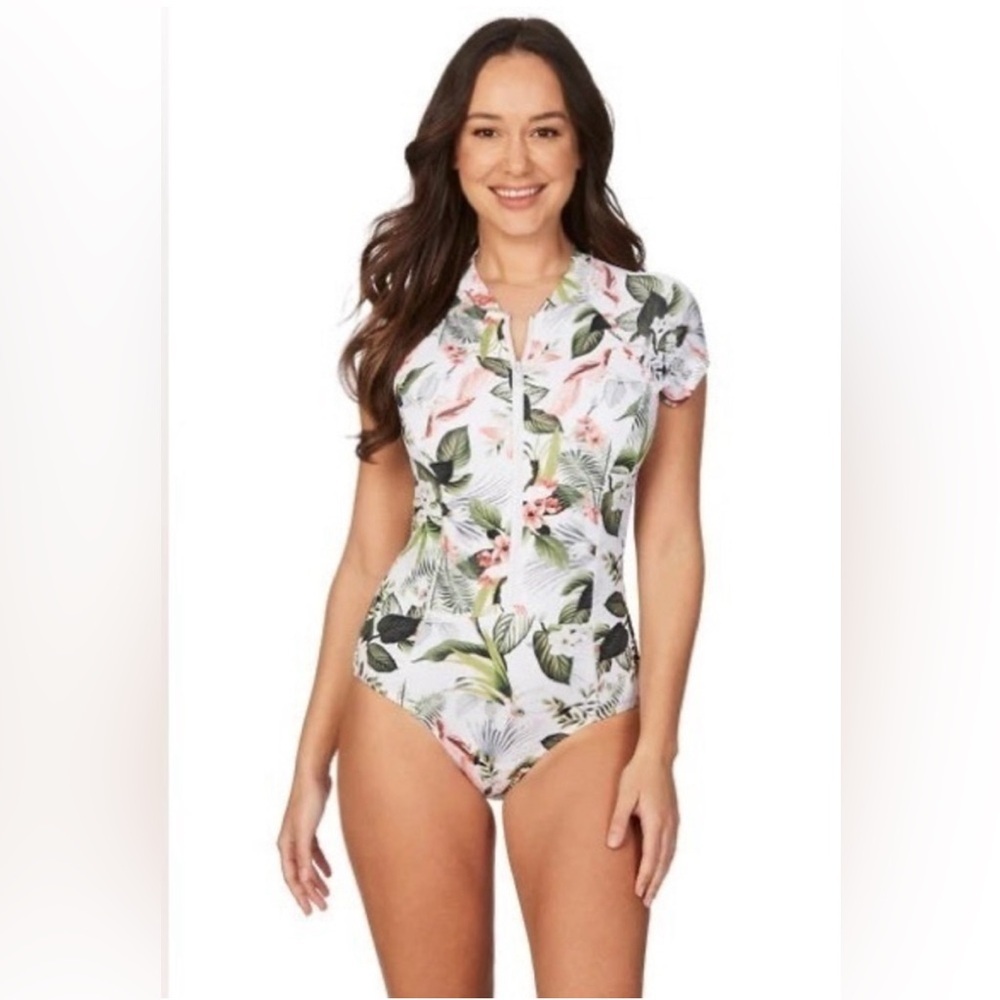 White and Green Tropical One Piece Swimsuit